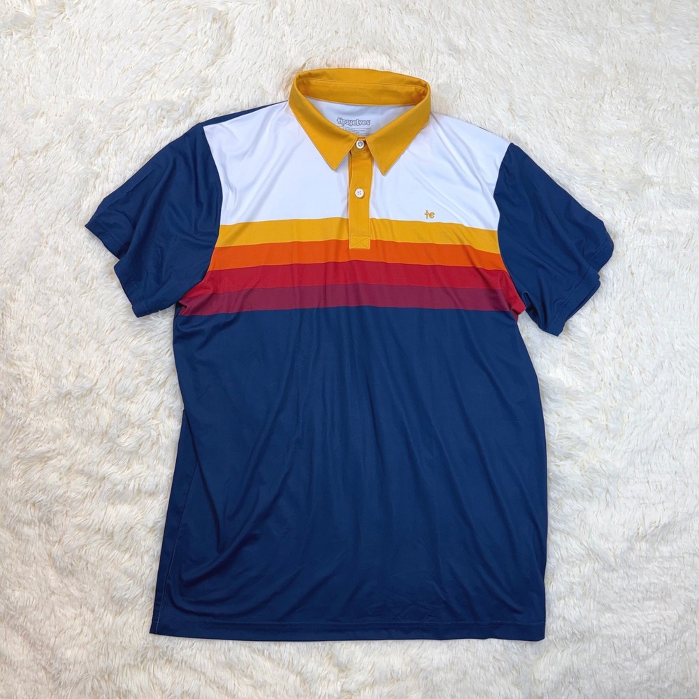 Tipsy Elves Polo Shirt Mens L Navy White Sunset Stripe Retro Performance Stretch